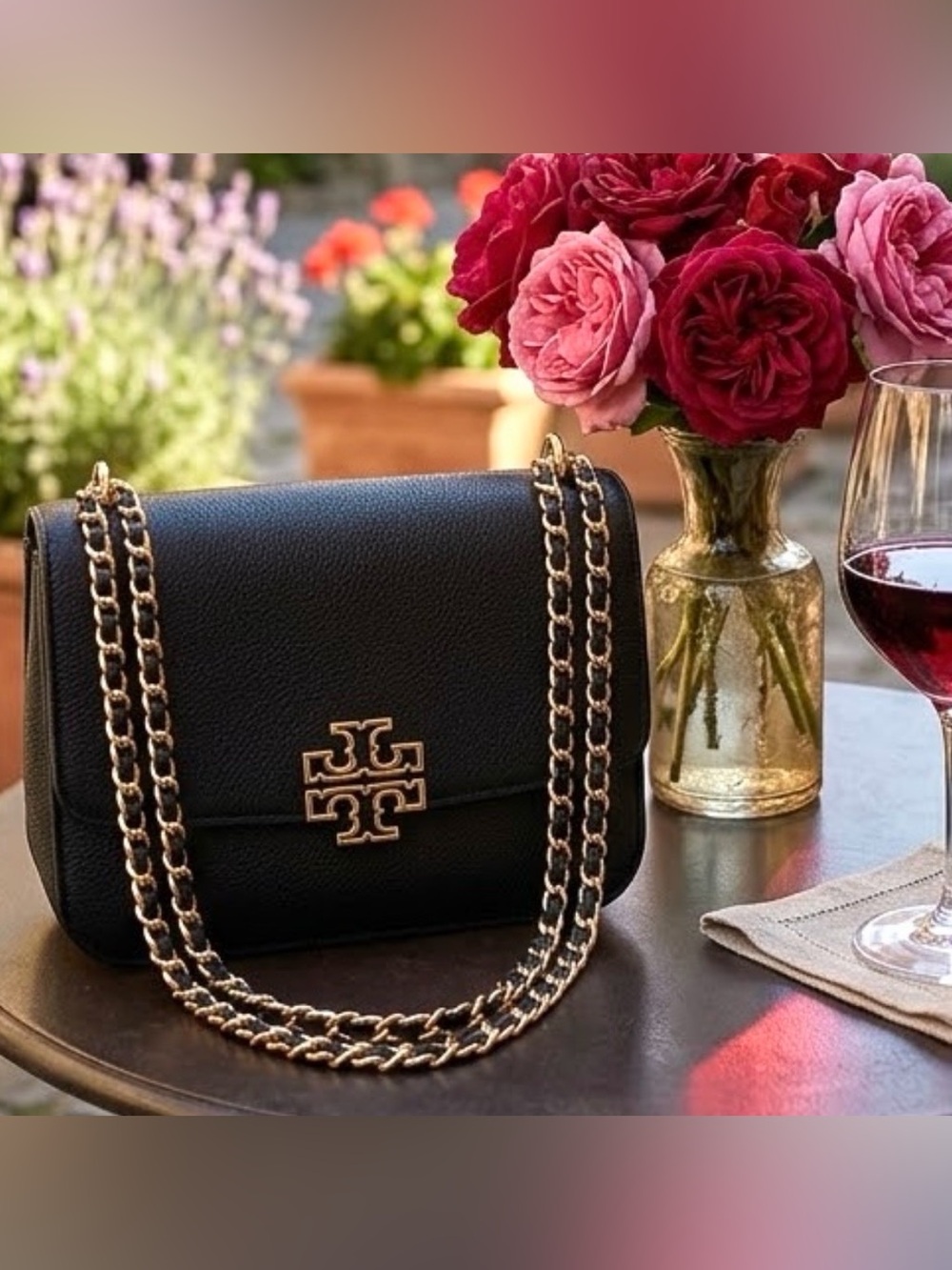 Auth Tory Burch Britten Adjustable Shoulder Bag Black Pebbled Leather Gold Chain